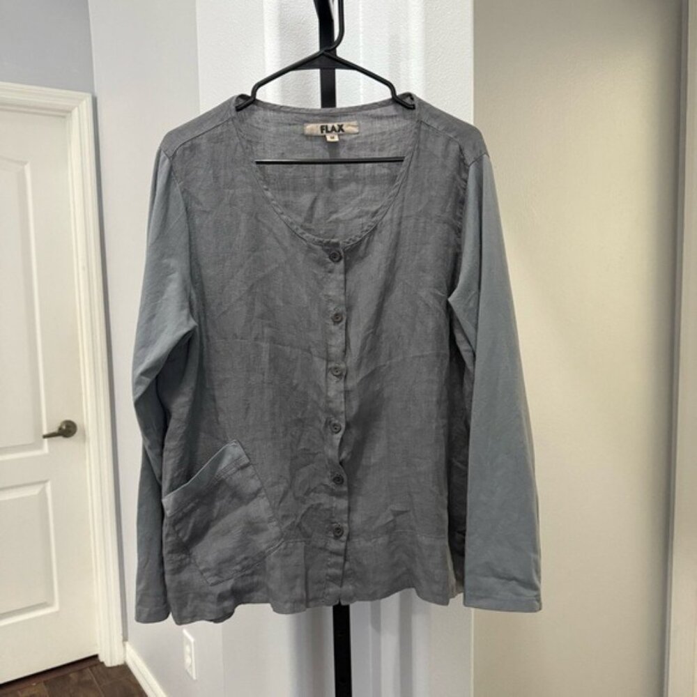 Flax Gray V Neck Long Button Up Linen Lagenlook Size Medium Pocket Oversized
